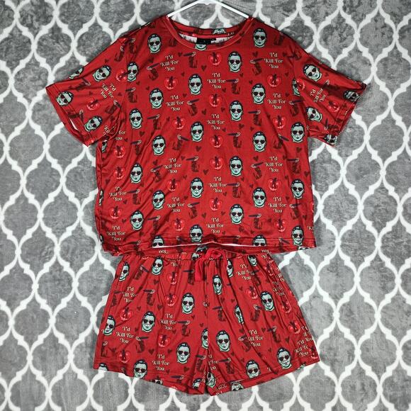 A Black Star Pajama Set Womens Large Red Halloween Horror Graphic Shorts Lounge - Picture 1 of 9